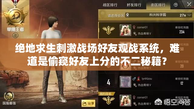 绝地求生刺激战场好友观战系统，难道是偷窥好友上分的不二秘籍？