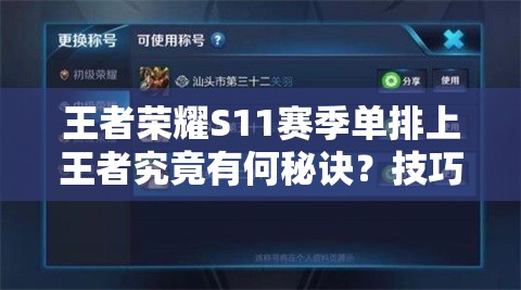 王者荣耀S11赛季单排上王者究竟有何秘诀？技巧心得大揭秘！